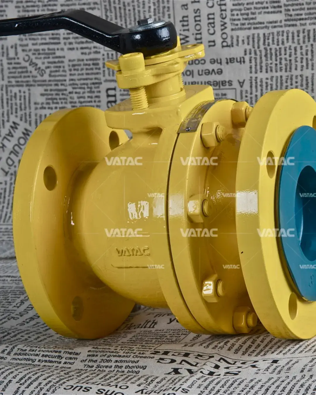 Válvula esfera flangeada amarela para gás com alavanca de acionamento