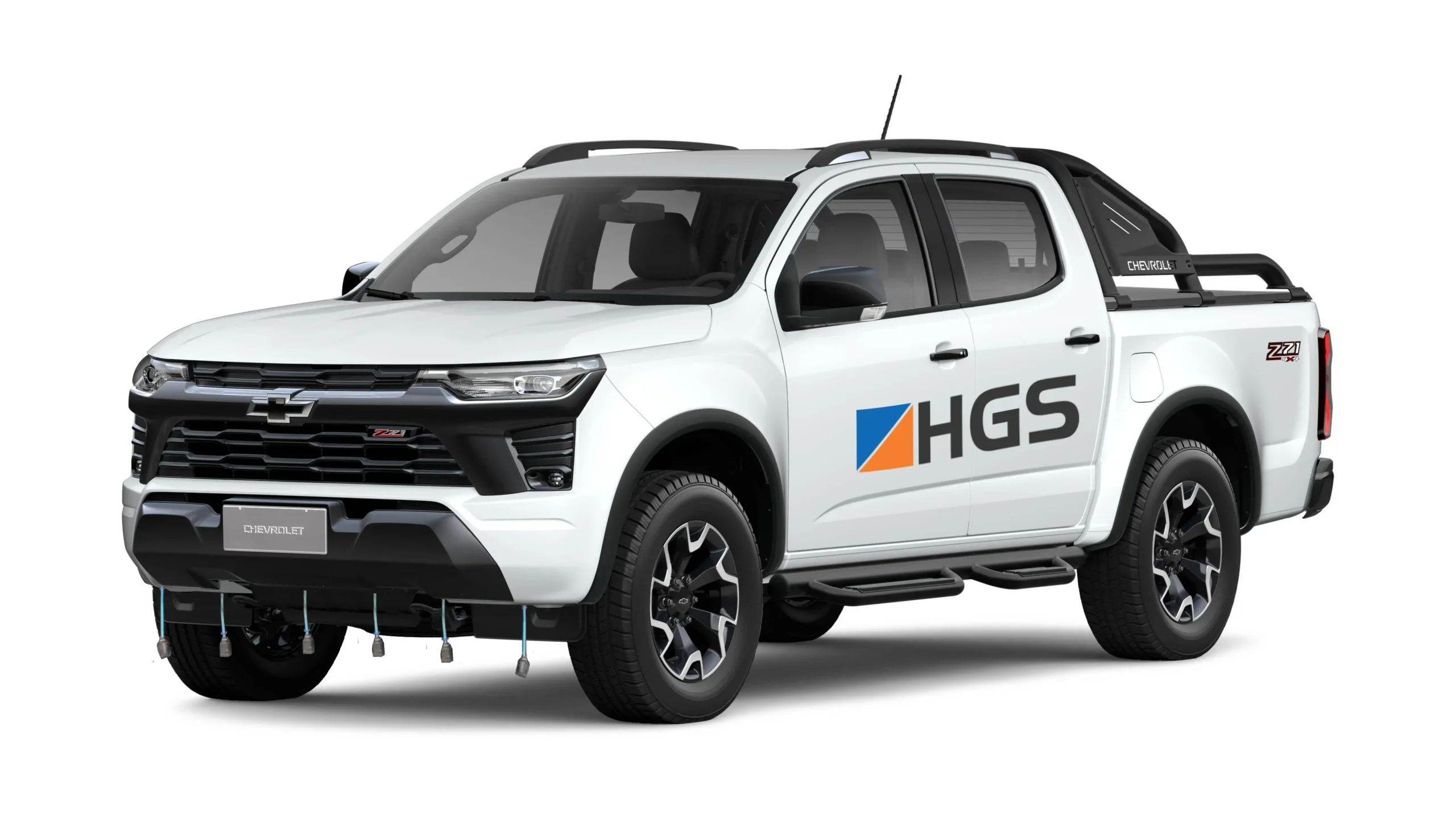 Caminhonete Chevrolet branca com logotipo HGS equipada com sistema LaserPro Scan para detecção de vazamentos