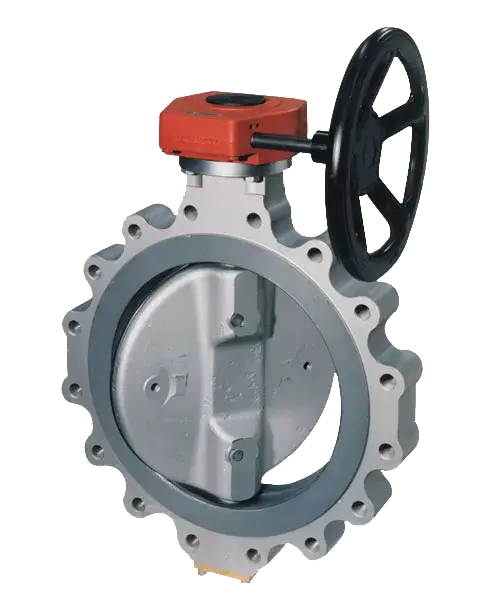 Válvula borboleta industrial em aço com volante manual e atuador vermelho - HGS Brasil