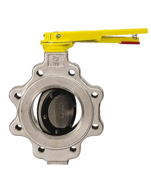 Válvula borboleta em aço inox com alavanca manual amarela para controle de fluxo
